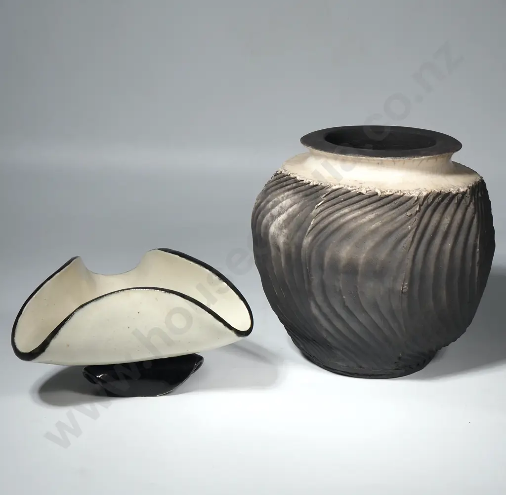 A Raku Fired Pottery Vase w  & A Triform Pottery Bowl on Stand Image 1++