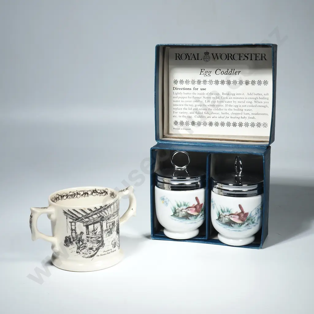 Boxed Royal Worcester Egg Coddlers & a Double Handled Antique Styled Mug Image 1++