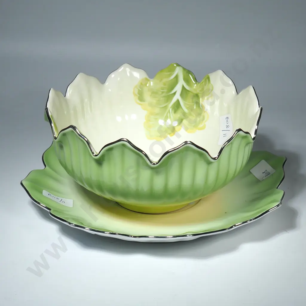 Noritake Cabbage Leaf Salad Bowl & Underplate, Circa 1930 Image 1++