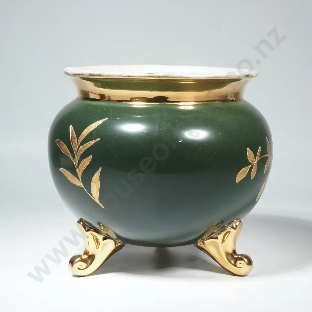 Vintage Green Planter/Jardinere w Gilt Bird & Floral Decoration on Three Scroll Feet Image 1++