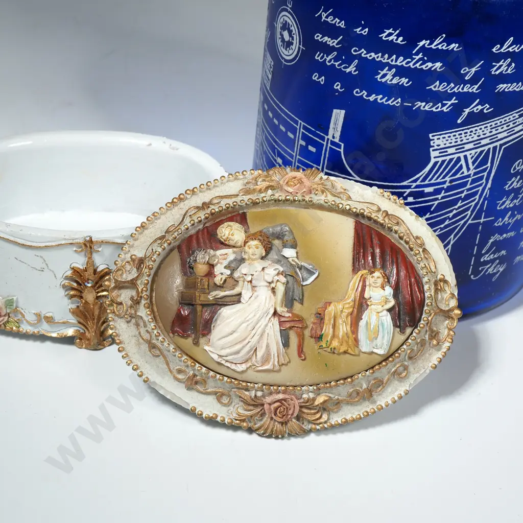 Vintage Blue Glass Rum Decanter Decorated w Ship Building Plans & a Small Musical Trinket Box Image 1++
