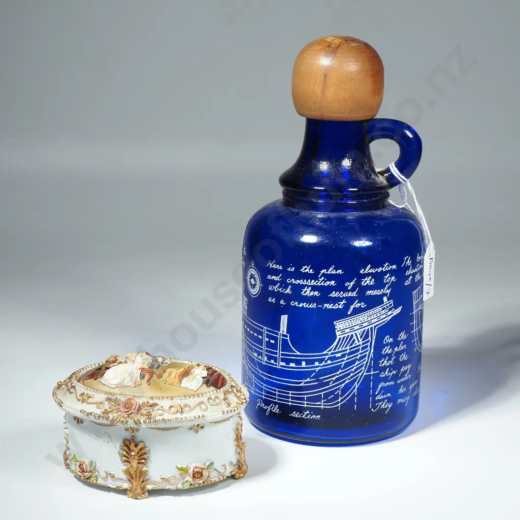Vintage Blue Glass Rum Decanter Decorated w Ship Building Plans & a Small Musical Trinket Box Image 1++