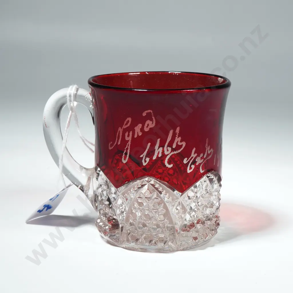Red & Clear Glass Mug- Souvenir of the Christchurch Exhibition 1922 Image 1++
