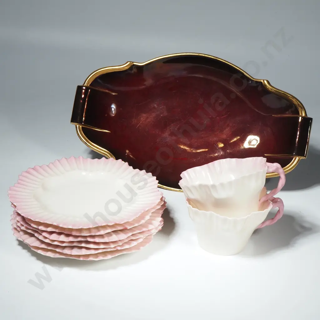 Two Black Mark Belleek Pink Ruffle Rim comprising Six Plates & Two Cups & Carlton Ware Rouge Royale Dish Image 1++