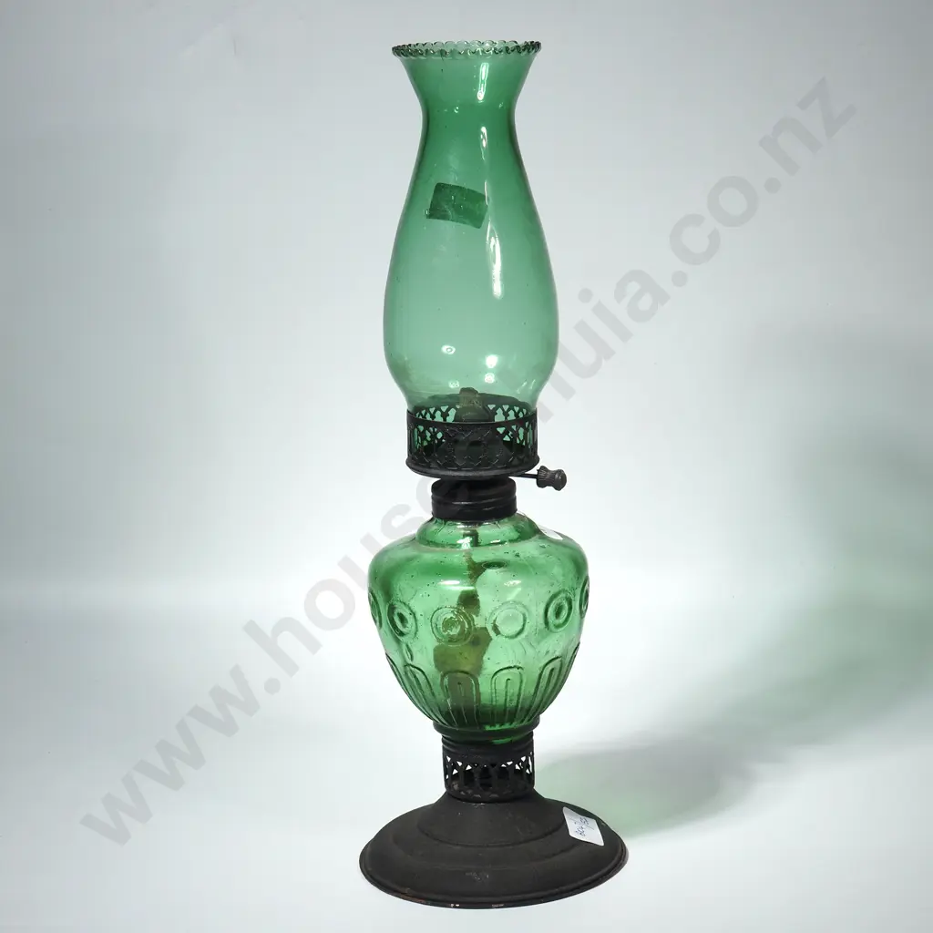 Vintage Green Glass Oil Lamp w Decorative  Moulded Base & Matching Chimney Image 1++