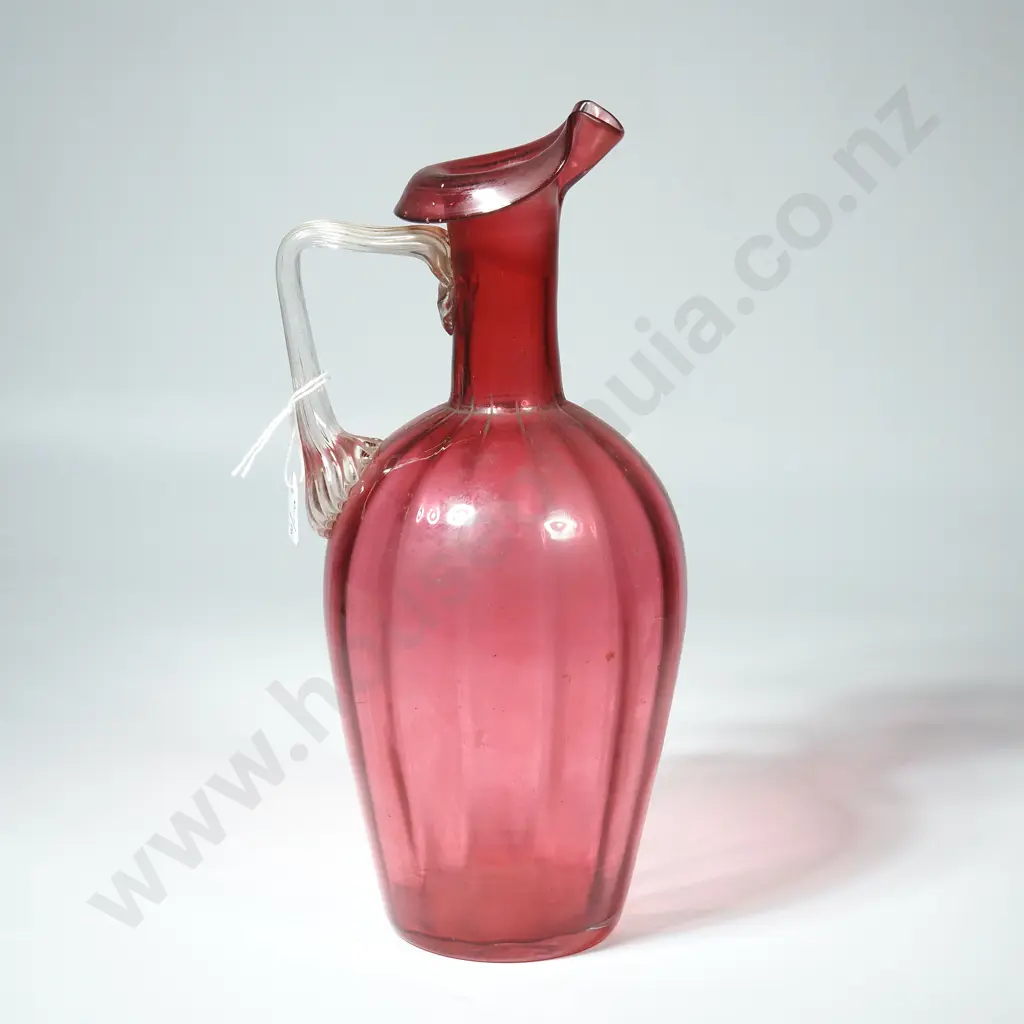 Victorian Cranberry Glass Jug w Applied Clear Glass Handle Image 1++