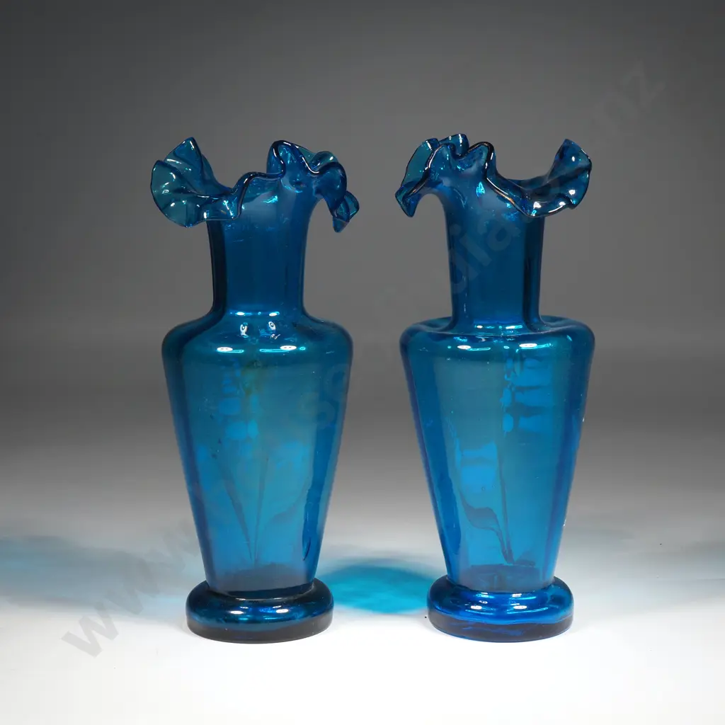 Venetian Pair of Fancy Turquoise Glass Bud Vases w Gilded Lily of the Valley Decoration. Image 1++