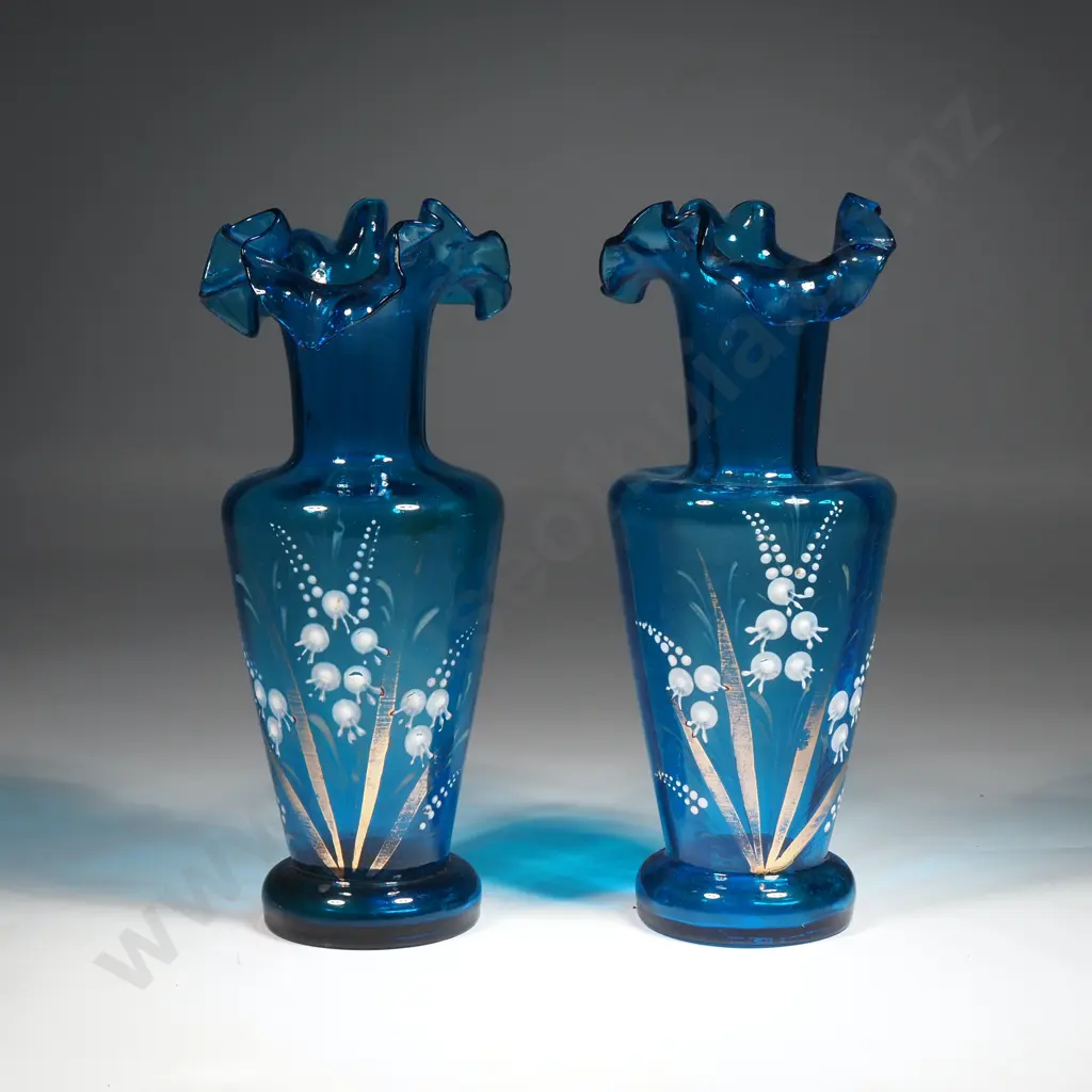 Venetian Pair of Fancy Turquoise Glass Bud Vases w Gilded Lily of the Valley Decoration. Image 1++
