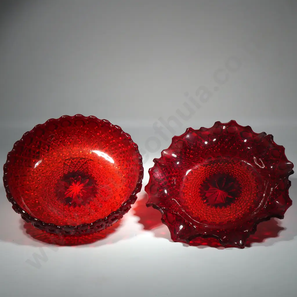 Pair of Ruby Red Moulded Glass Plate & Bowl. Image 1++