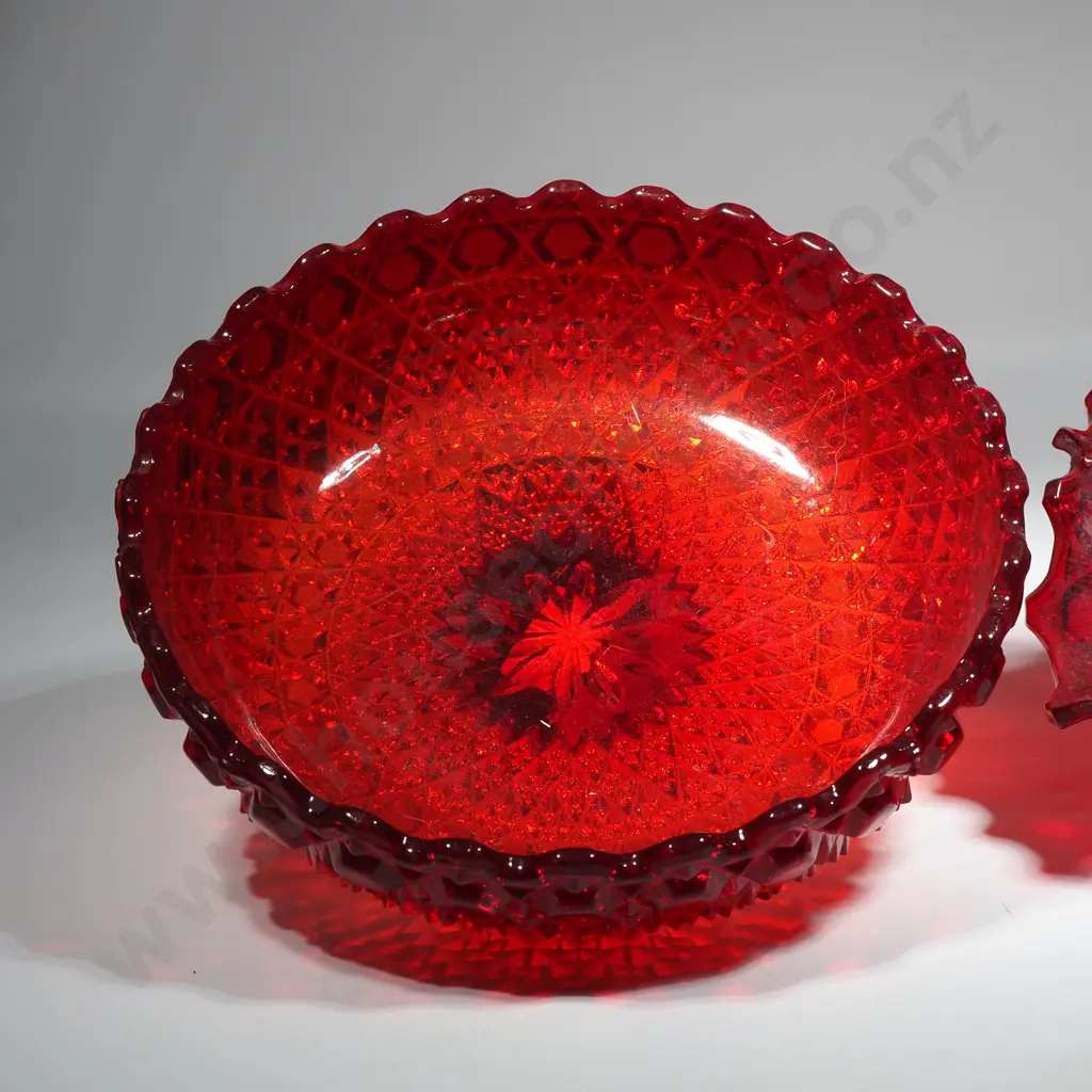 Pair of Ruby Red Moulded Glass Plate & Bowl. Image 1++