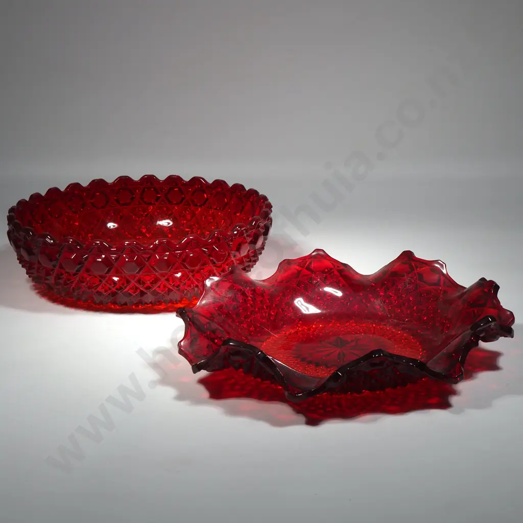 Pair of Ruby Red Moulded Glass Plate & Bowl. Image 1++