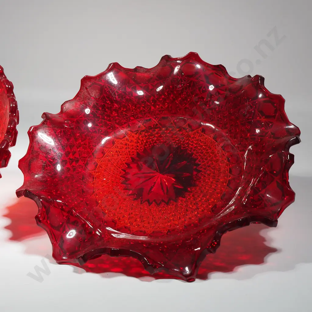 Pair of Ruby Red Moulded Glass Plate & Bowl. Image 1++