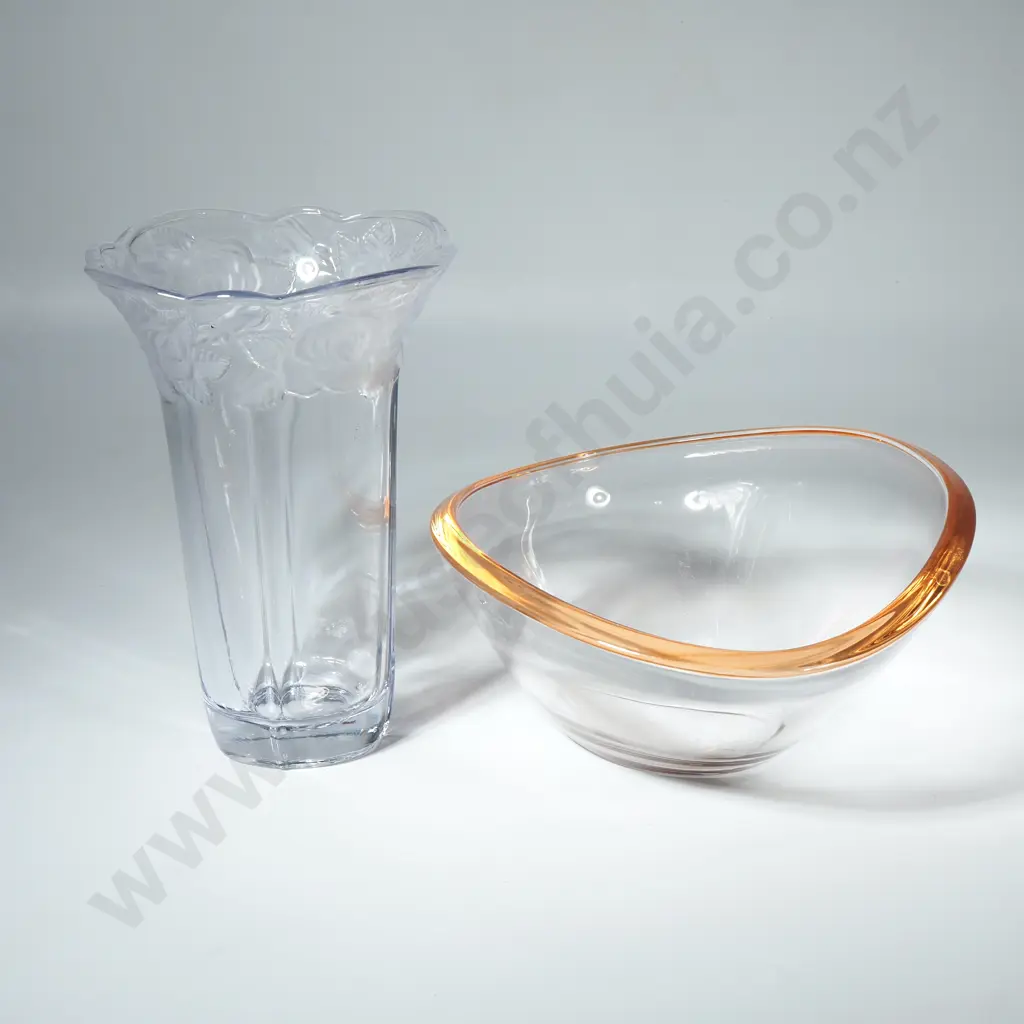 Modernist Clear Glass Bowl w Bronze Coloured Rim &  a Vintage Mikasa Vase 'Winter Rose' Image 1++