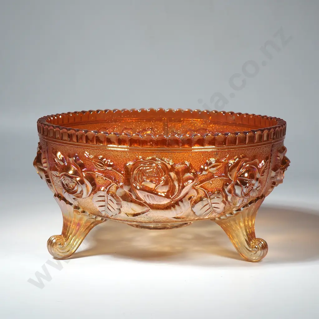 Marigold Carnival Glass Bowl in the Lustre Rose Pattern Image 1++