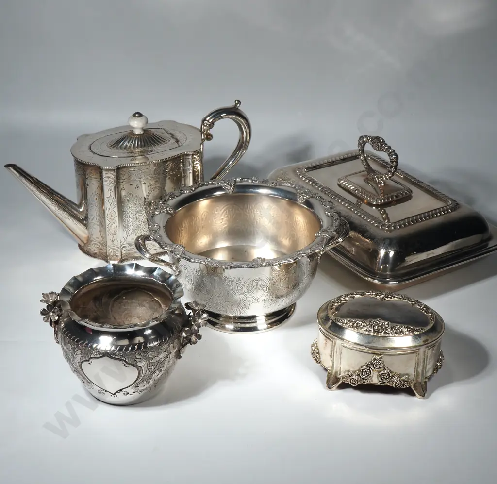Silver Plate to Include - Ornate Entree Dish, Ice Bucket, Small Planter, Trinket box & a Teapot Image 1++