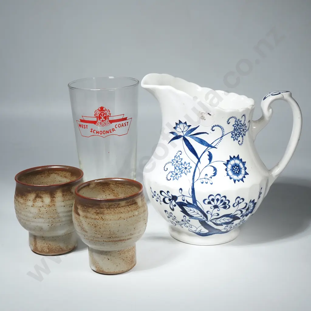 Large J&G Meakin Blue & White Jug in the Nordic Pattern, West Coast Schooner Glass, & Two NZ Pottery Spice Jars Image 1++