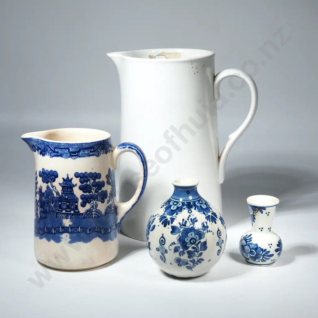 Blue & White Willow Pattern Jug, Two Small Delft Vase &  A Large White  Alfred Meakin Jug Image 1++