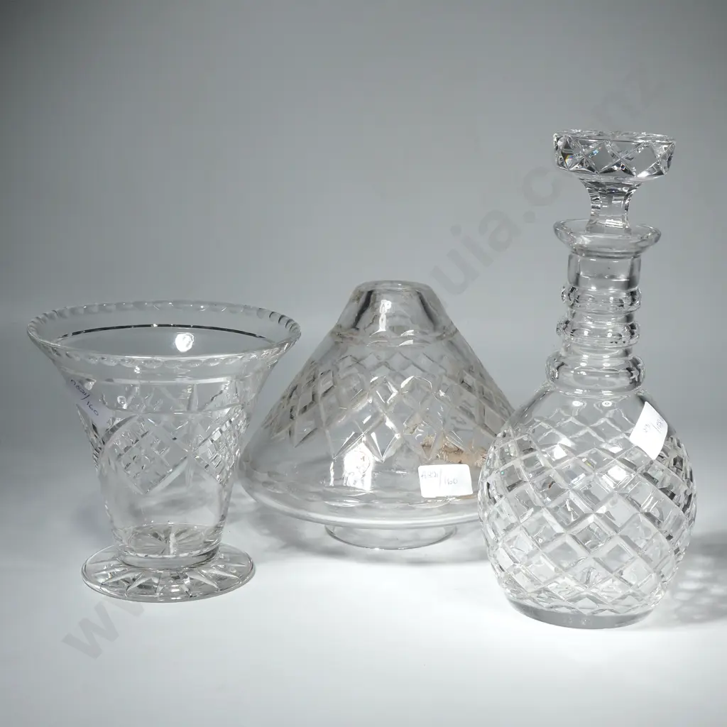 Three Crystal Items - Crystal Decanter, Crystal Vase & Lampshade  Image 1++