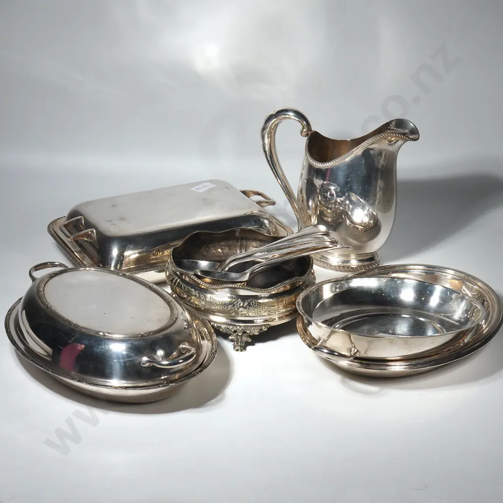 Collection of Silver Plate to Include Three Entree Dishes, Large Silver Water Jug, Six Soup Spoons & a Large Coaster Image 1++