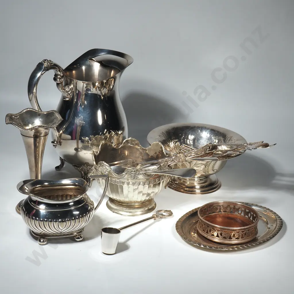 Silver Plate to Include - Small Rose Bowl, Six Fish Knives & Forks, Small Coaster, Large Water Jug, Three Serving Spoons Image 1++