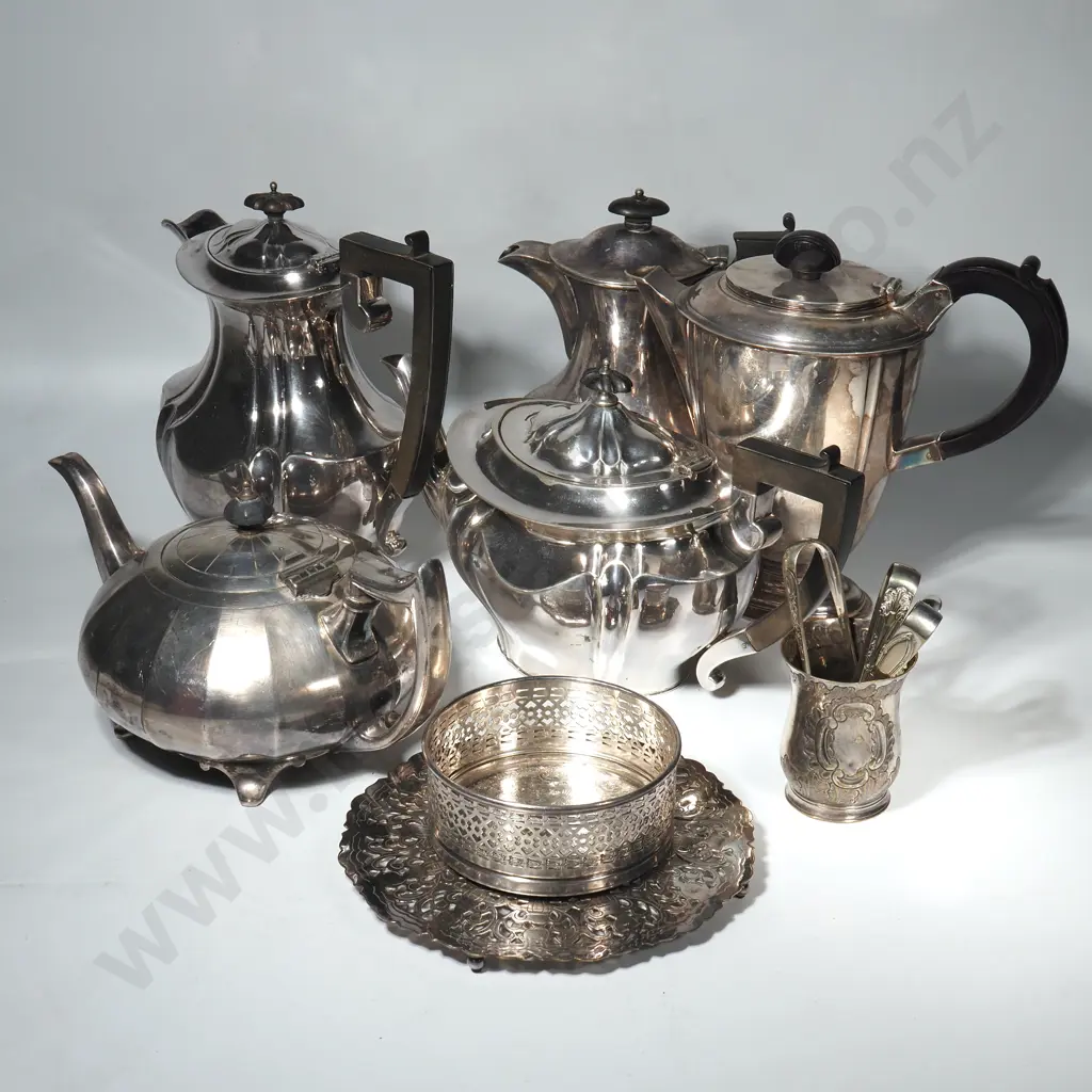 Large Quantity of Silver Plated Items Including Teapots, Water Jugs, Coaster, Mustard Spoons, Tongs Image 1++