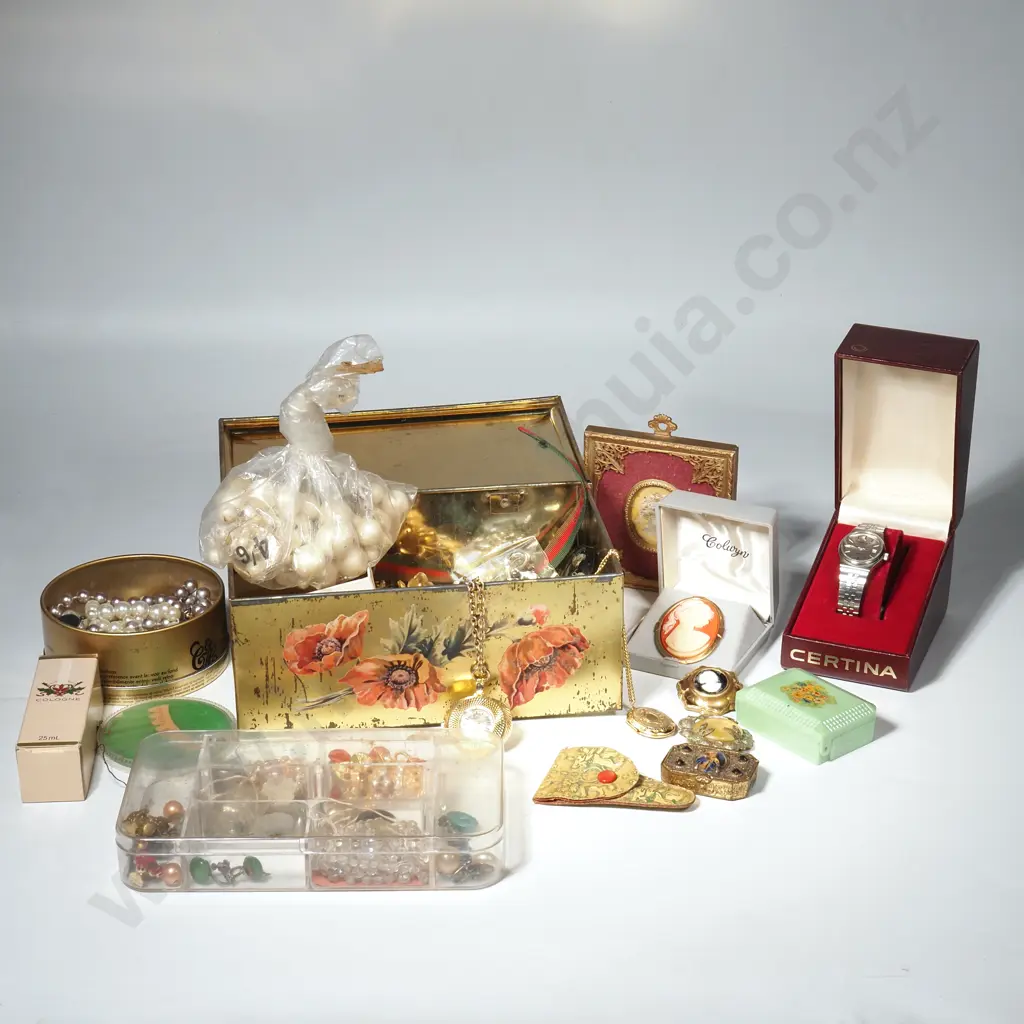 Large Collection Of Costume Jewellery In a Vintage Nestle Tin, Certina Watch, Perspex Case Containing  Costume Jewellery Image 1++