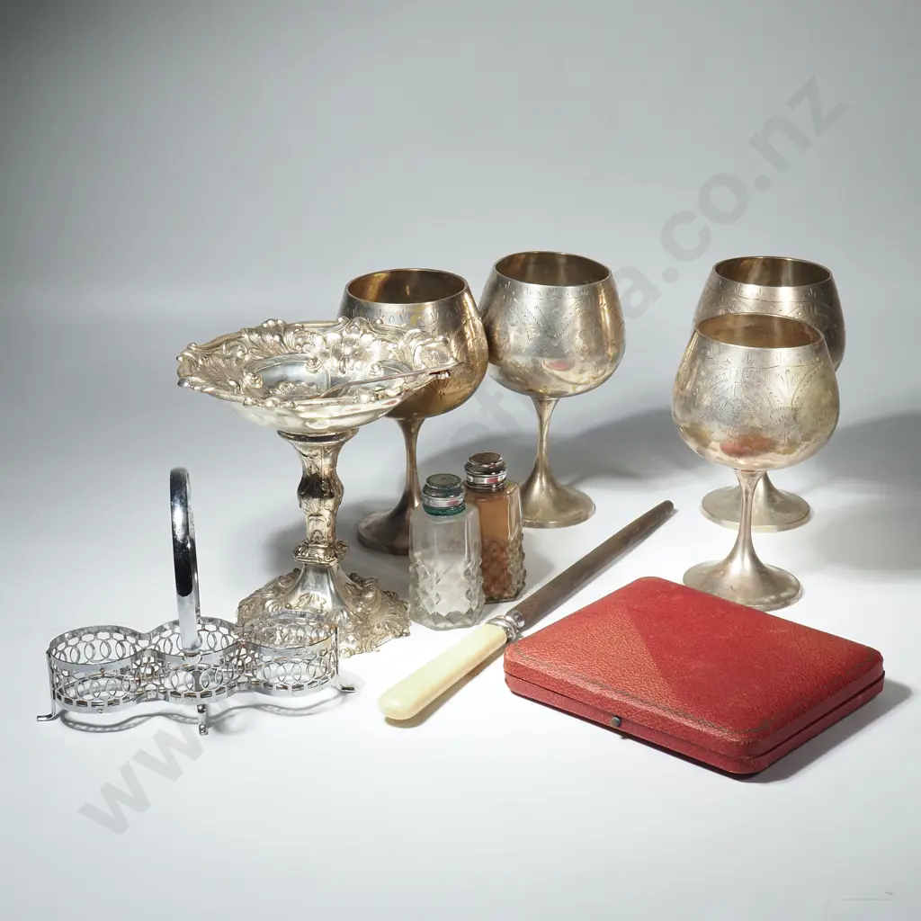 Silver Plate to Include Comport, Four Goblets, Boxed Teaspoons & a Chrome Cruet Set Image 1++