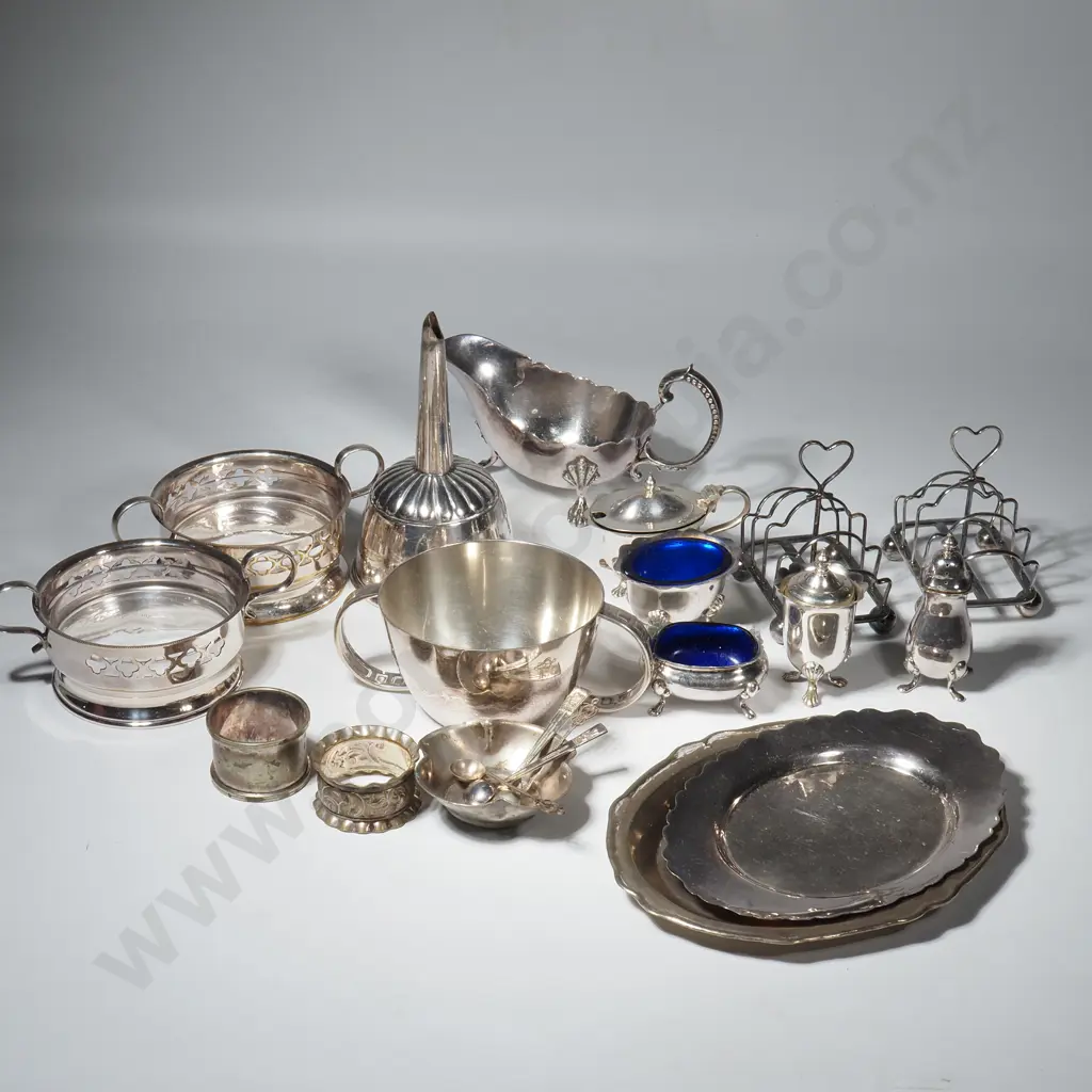 Silver Plate Items to Include Pair of Toast Racks, Cruet Set, Gravy Boat, Wine Funnel, Small Dishes w Glass Liners Image 1++