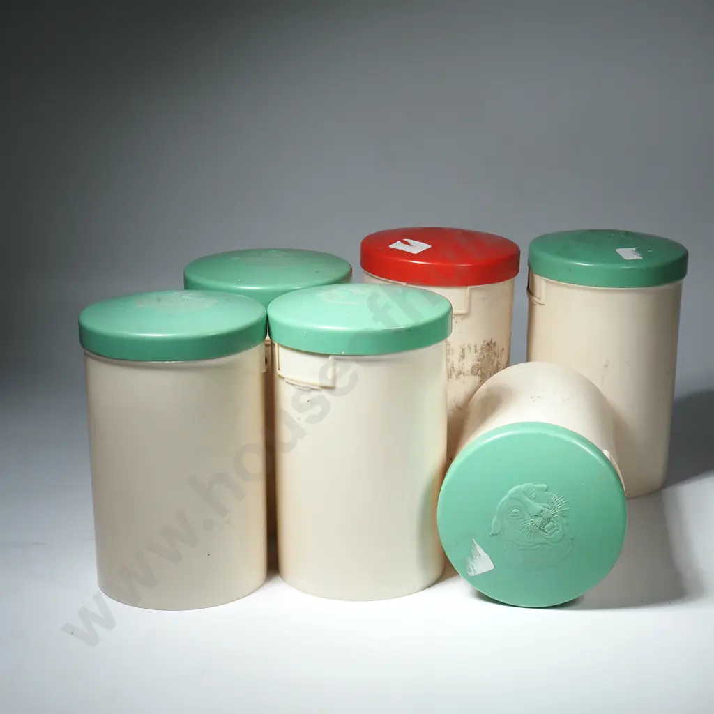 Six Bakelite Cannisters w Tiger Molded on Lid, Produced By AMI Ltd Image 1++