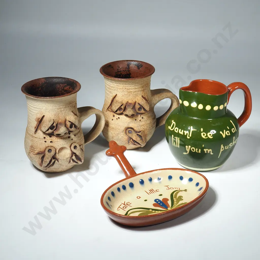 Torquay Ware Jug, Torquay Ware Dish in The Form of a Pan & Two NZ Crafted Pottery Mug w Moulded Faces Image 1++