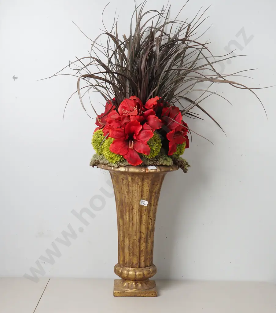 Ornamental Red  Amaryllis Lilies In Fluted Gilt Container & A Six Bottle Wine Rack Image 1++