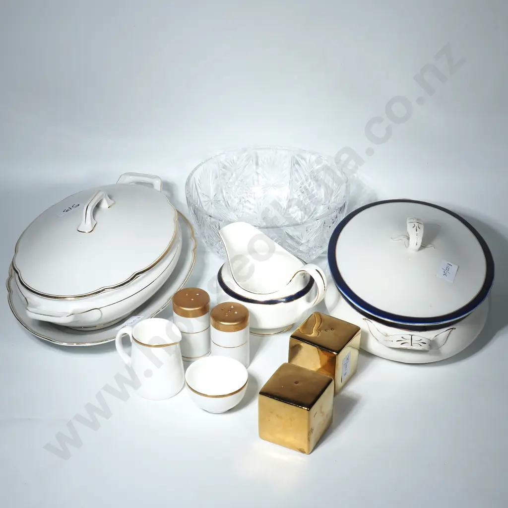 Three White Ground Tureens, Gold & White Cruet Set, Sugar Bowl & Cream Jug, Gold Square Pepper Cruet & a Crystal Bowl Image 1++