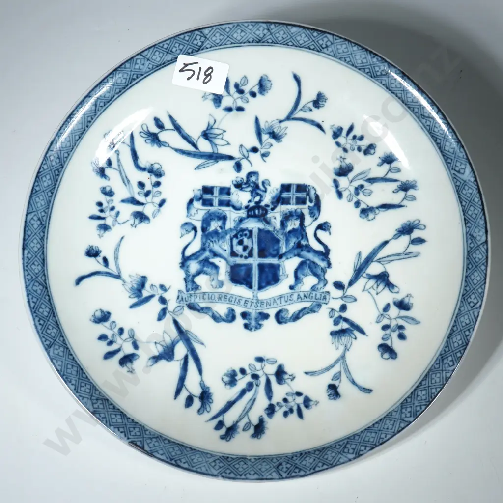 Blue & White Ceramic Plate w Central Crest & Floral Motifs w Chinese Marks Verso Image 1++