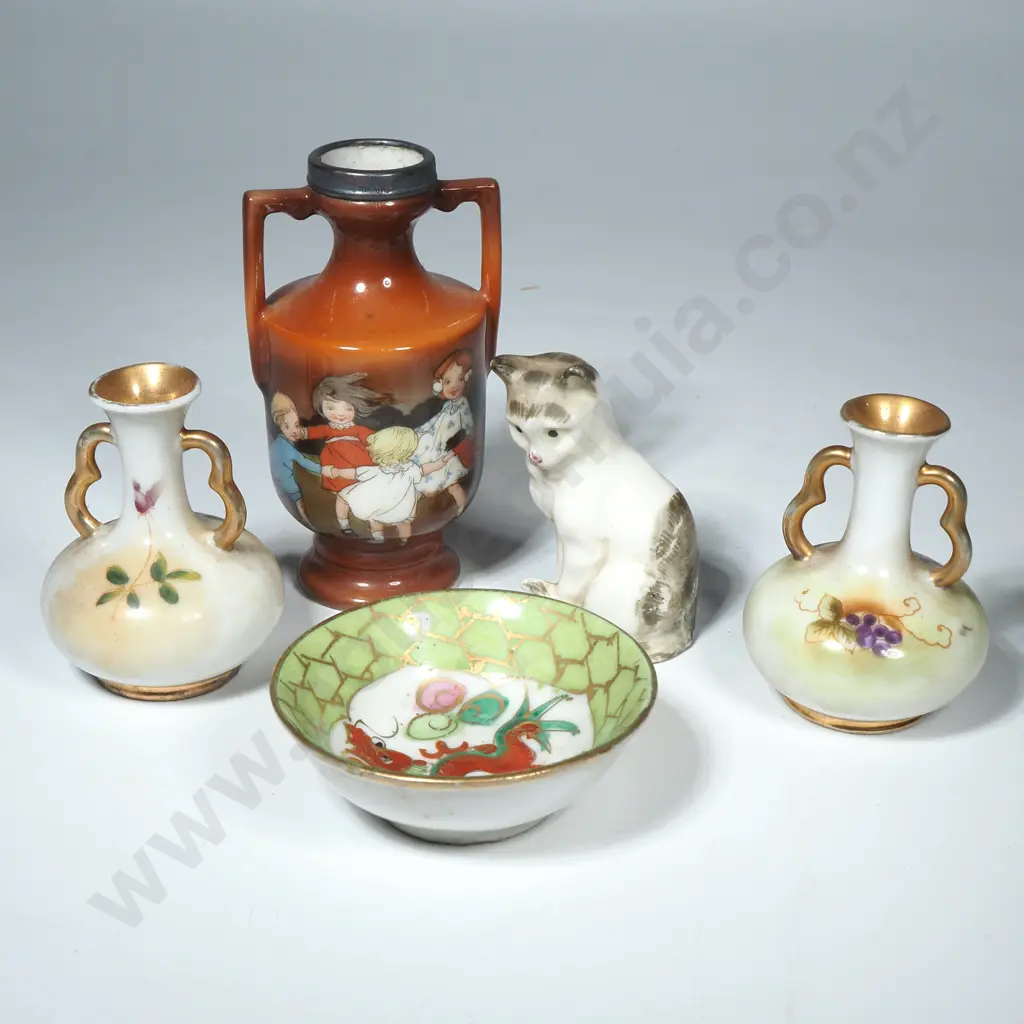 Royal Bayreuth Ring Around The Rosie Miniature Vase w Sterling Silver Rim, Two Miniature Vases, Miniature  Cat & Bow Image 1++