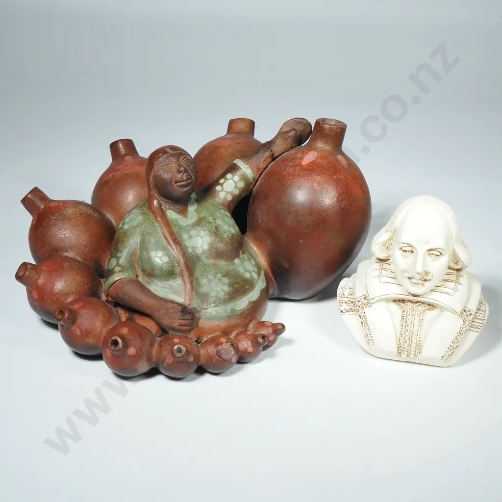 Vintage Terracotta Signed Peruvian  Folk Art  Pot Seller & Small Bust of Shakespeare Image 1++