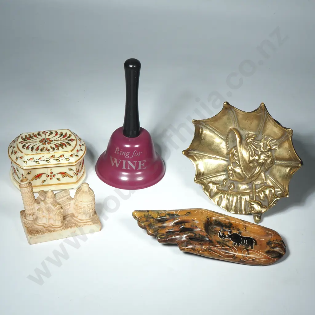 Brass Figural Umbrella Ashtray, Novelty Bell, Stone Ashtray in the form of a Foot & Small Bone Trinket Box Image 1++