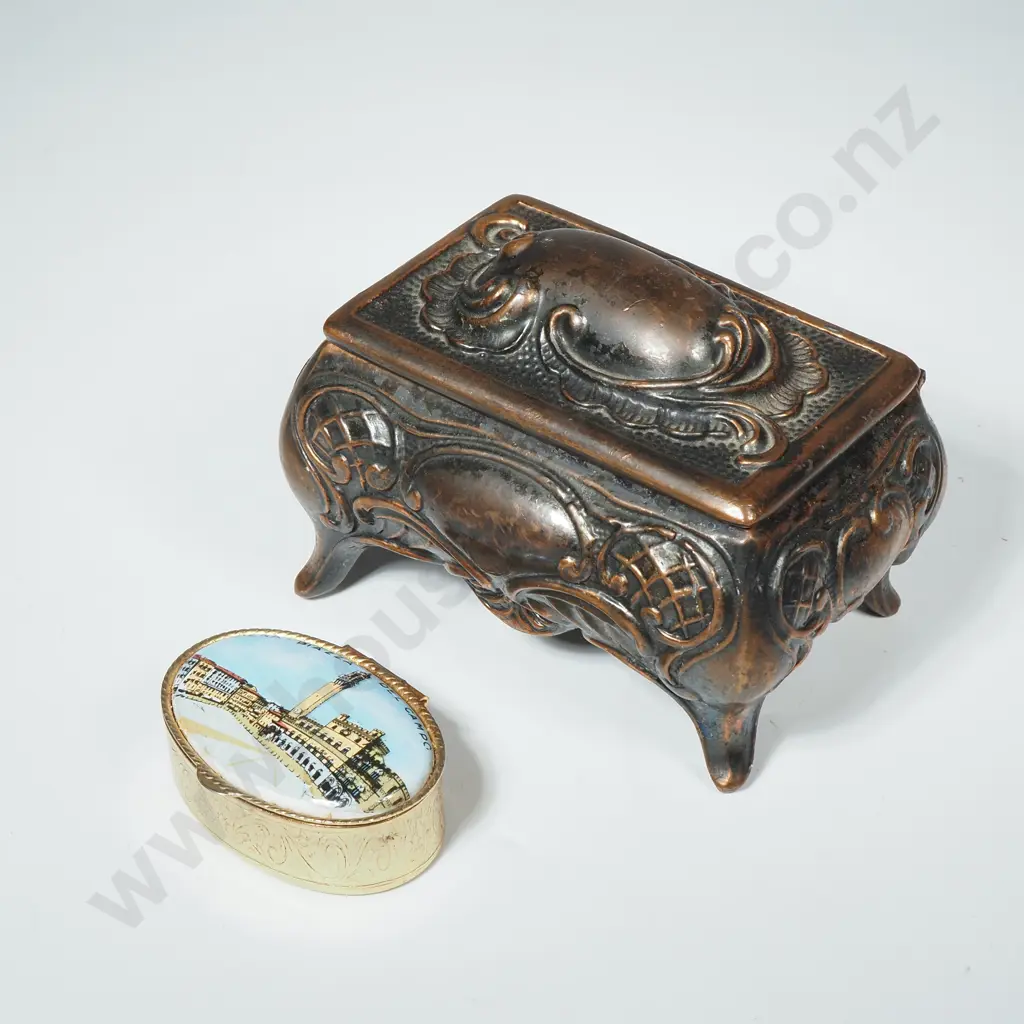Small Embossed Copper Jewellery Box &  Souvenir Pill Box & Crucifixion Ring Image 1++