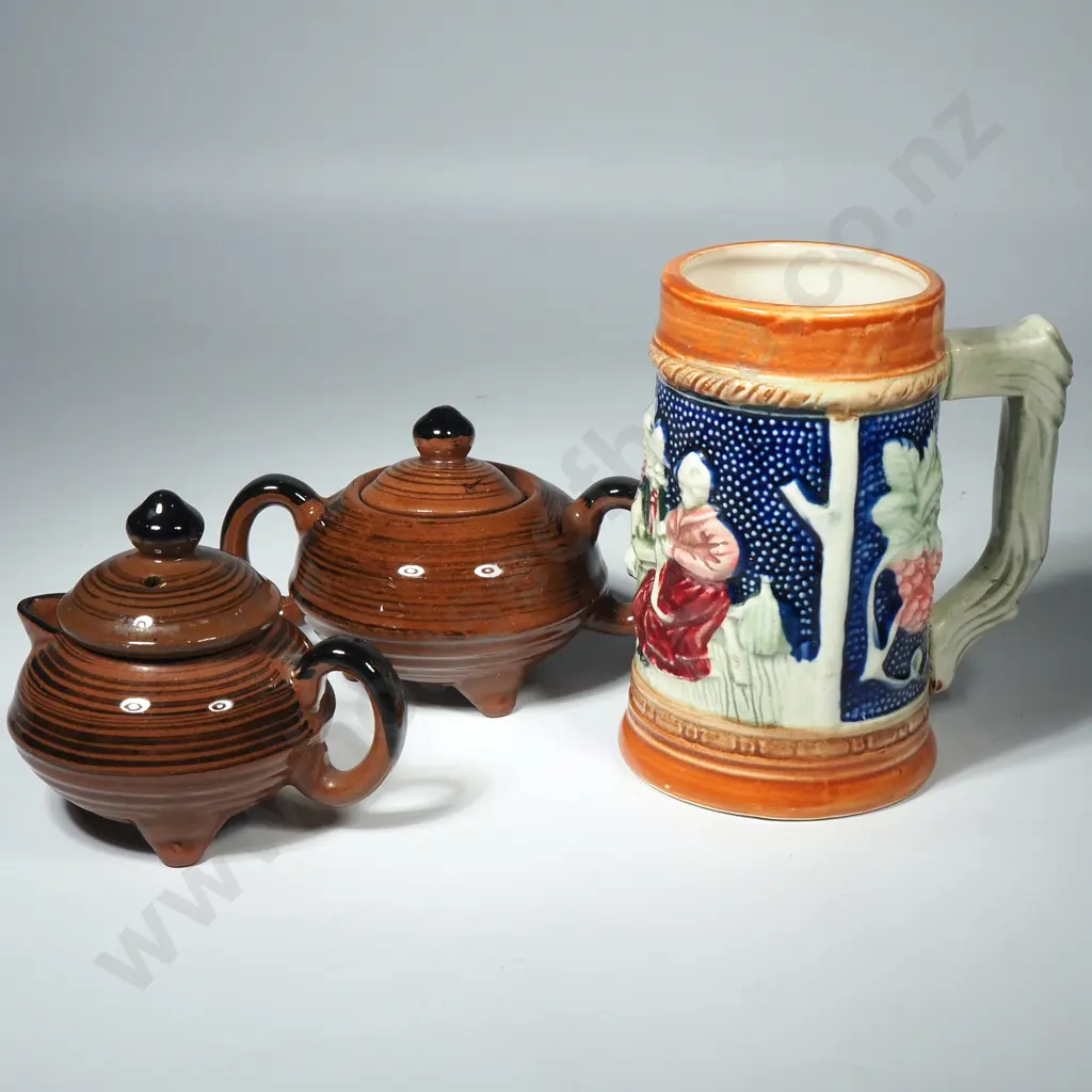 Embossed China Stein w German Style Decoration & a Japanese Pottery Sugar Bowl & Cream Jug Image 1++