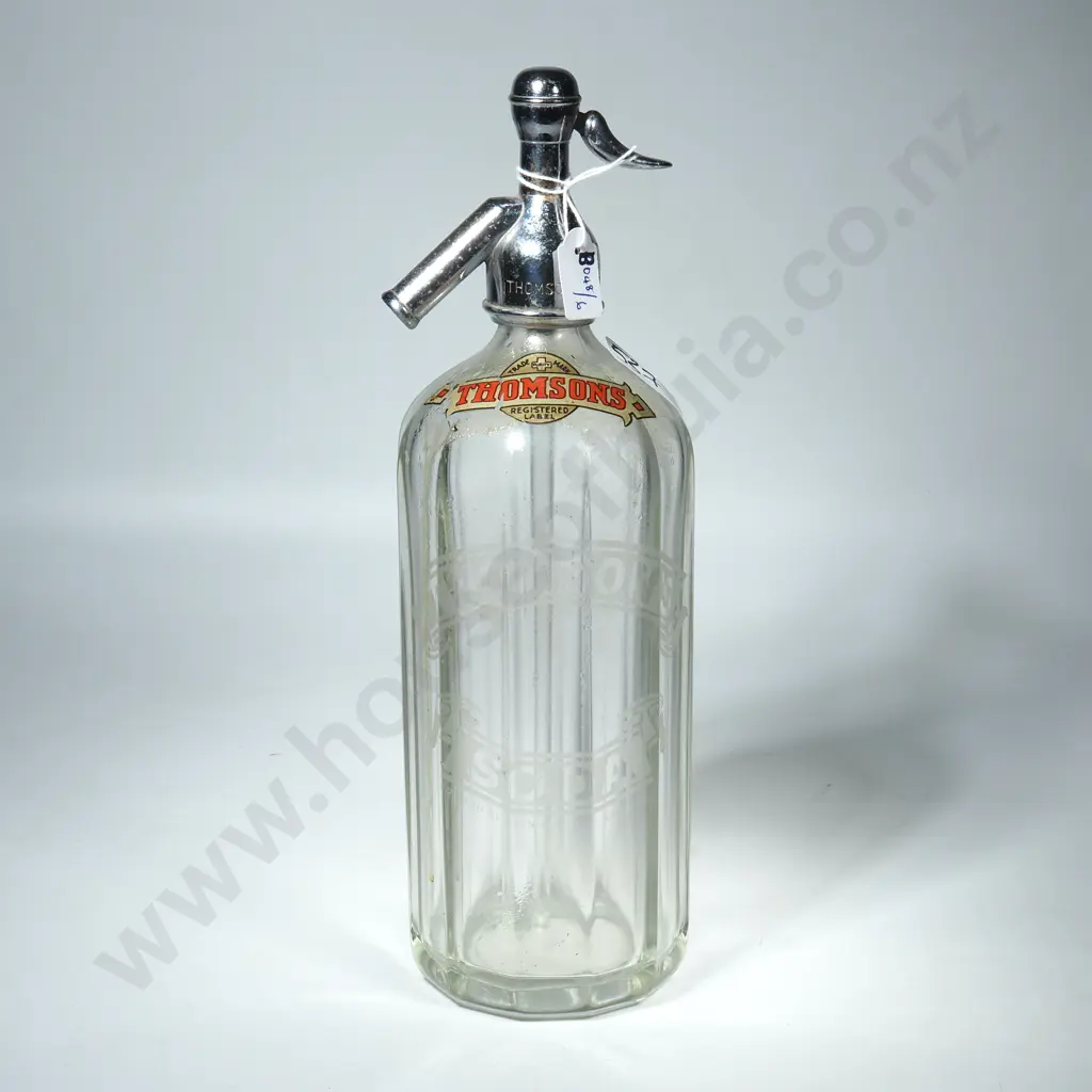 Vintage Clear Glass Soda Siphon Produced by Thomsons, a Beverage Manufacturer Image 1++