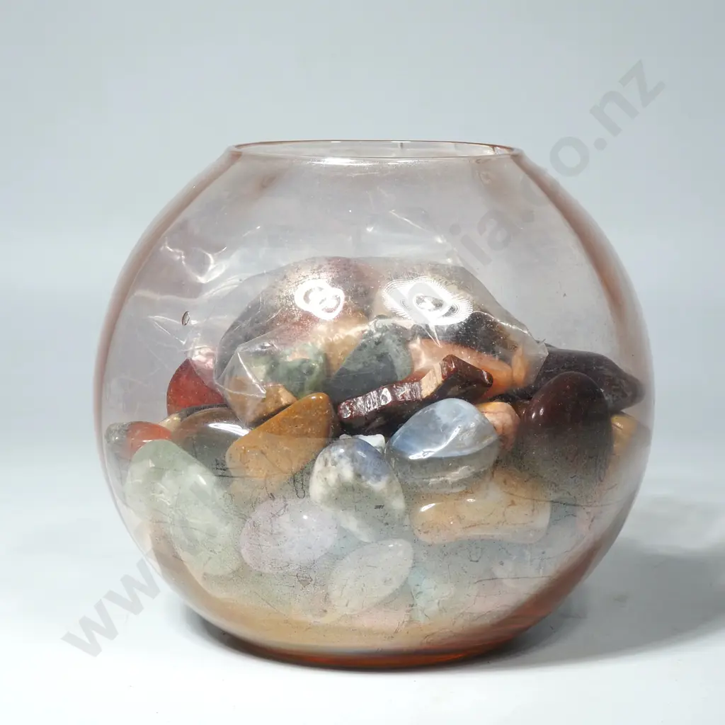 PInk Ovoid Vase Containing a Quantity of Polished Stones Image 1++