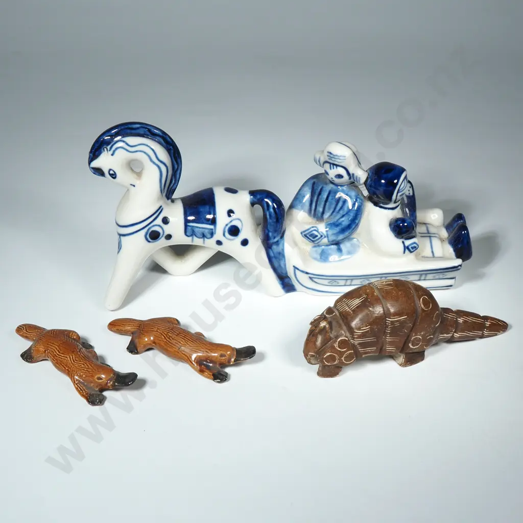 1970s Gzhel Russian Hand Painted Porcelain Figure of a Russian Couple on a Horse Drawn Sleigh, Two Small Platypus figure Image 1++