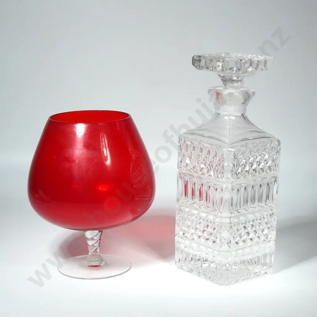 Vintage Square Glass Decanter & Vintage Red Glass Balloon Vase Image 1++
