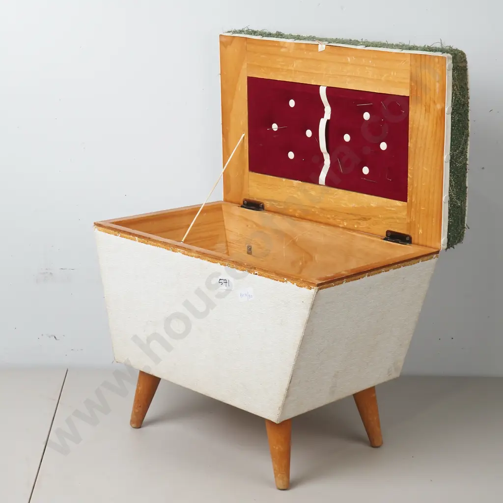 Mid Century Ottoman/Footstool in Two Tone Fabric on Wooden Legs Image 1++