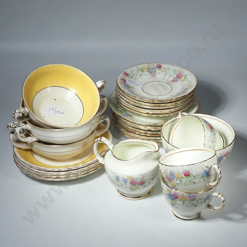 Three Yellow Grindley Soup Plates w Under Saucer & A Delicate Floral  Part Sunderland China Tea Set Image 1++