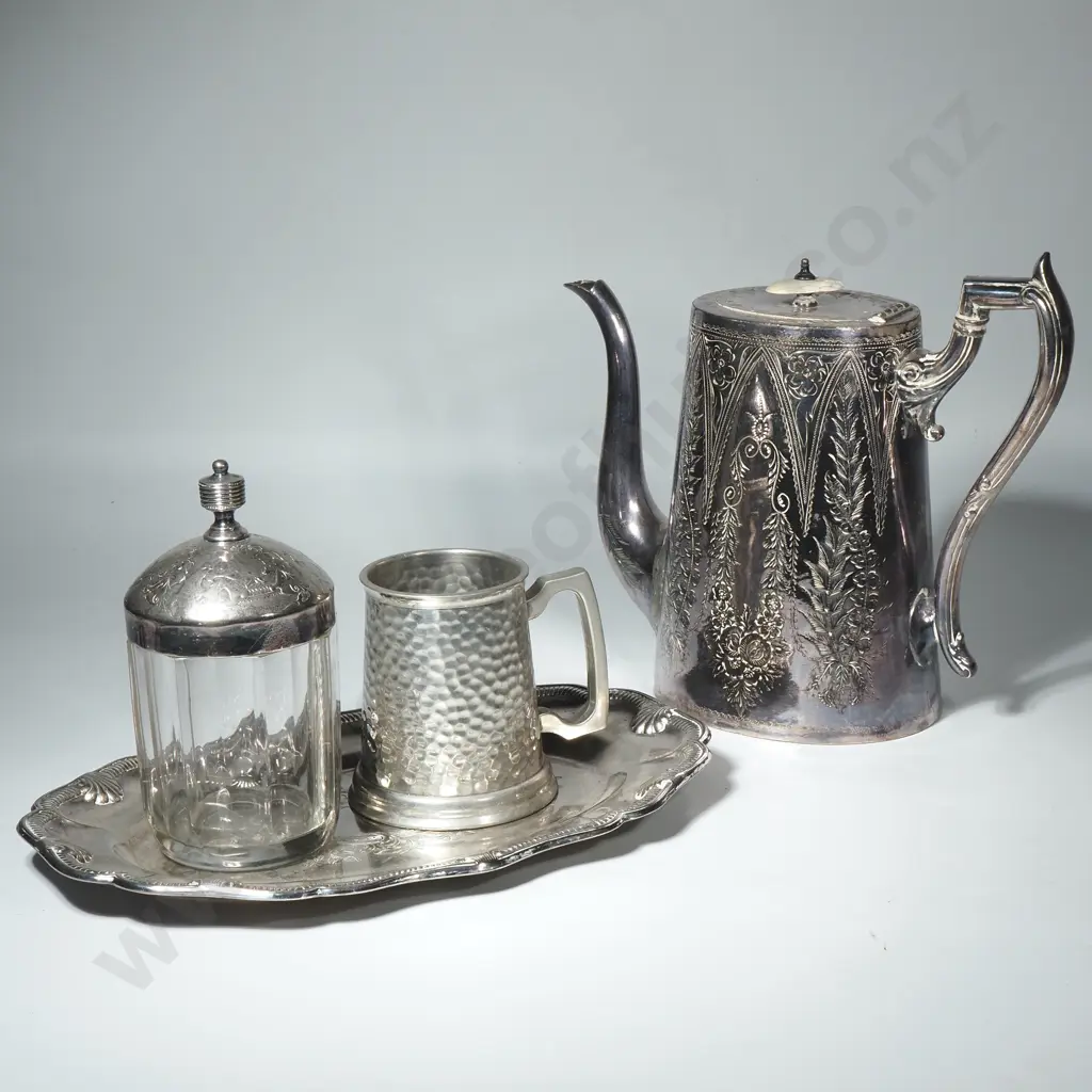Pickle Jar w Silver Plate Lid, Pewter Mug ,Oval Silver Plate Tray & a Coffee Jug Image 1++