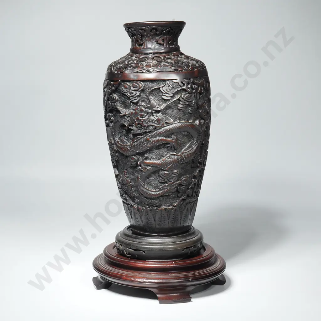 Vintage Black Resin Cinnabar Vase Decorated w Heavy Carved Dragons & Two Wooden Stands Image 1++