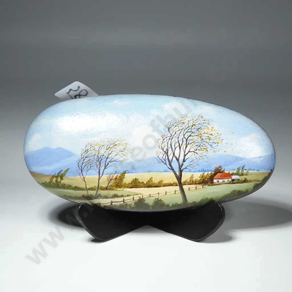Painted Rock Art Depicting a Countryscene by K Morant - Signed Verso Image 1++