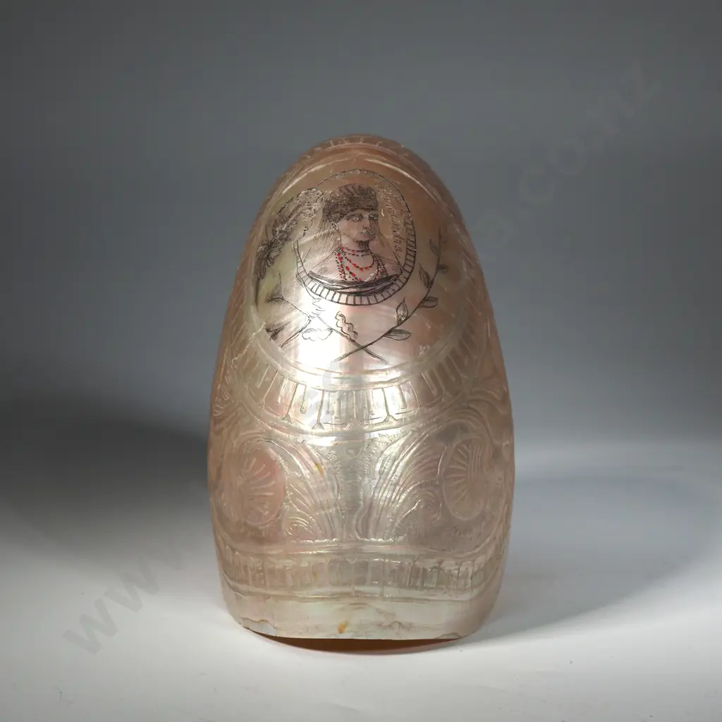 Antique Carved Nauitlus Shell: Carved Bust of Queen Alexander Image 1++