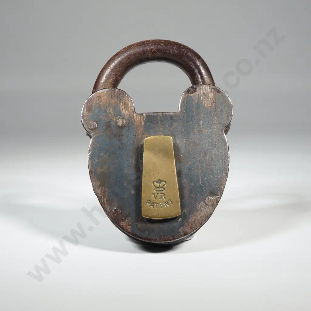 Victorian Padlock Marked w "VR" For Victoria Regina.An Early Padlock w A Hinged Lock Arm & Swinging Escutcheon Plate Image 1++