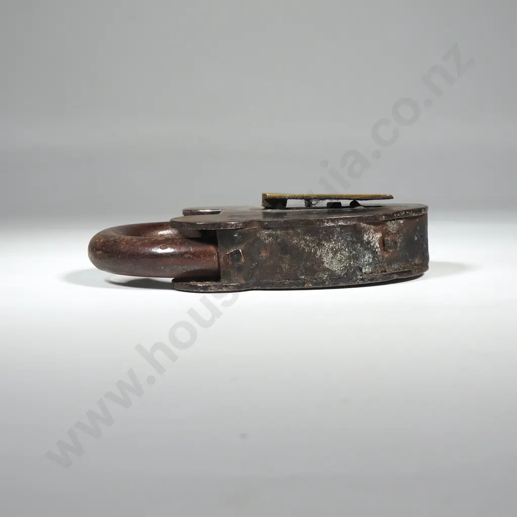 Victorian Padlock Marked w "VR" For Victoria Regina.An Early Padlock w A Hinged Lock Arm & Swinging Escutcheon Plate Image 1++